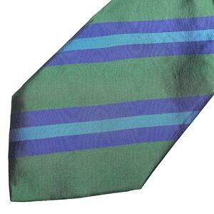 Audrey Buchner Silk Tie Striped Wide Hand Tailored Vintage Power Green Blue Mens